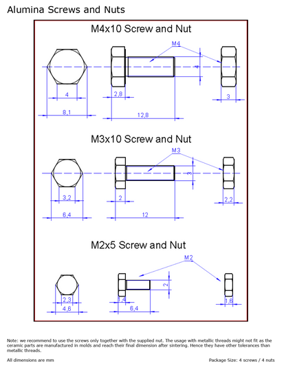 Alumina Screws and Nuts Al₂O₃ 99.5% Pack of 4 Pairs